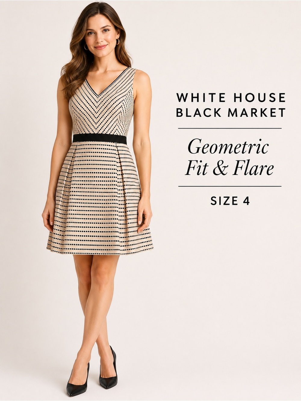 White House Black Market Geometric Fit & Flare Dress Black Ivory Size 4